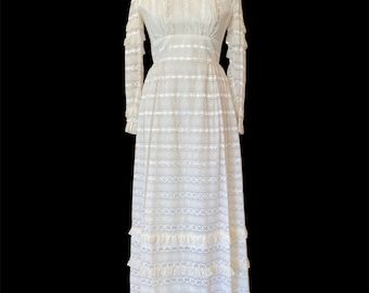 1970s maxi dress, white lace, vintage 70s dress, mock neck, victorian style, gunne sax style, small medium, long sleeve, cottagecore, 28