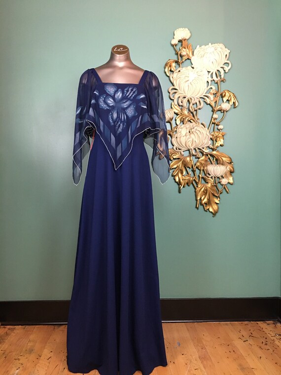 1970s maxi dress, angel sleeve dress, vintage 70s