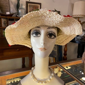 1950s summer hat, wide brim, white straw, vintage 50s hat, red roses, mid century millinery image 3