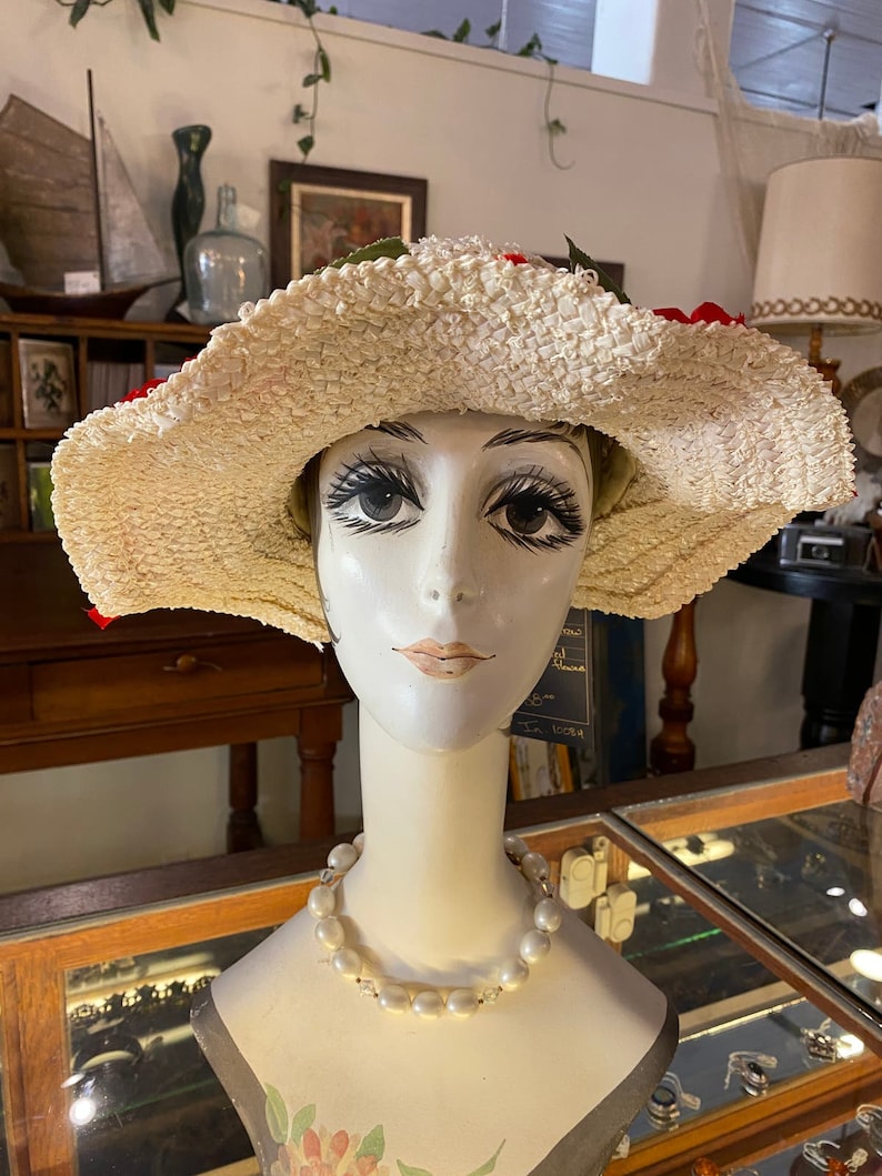 1950s summer hat, wide brim, white straw, vintage 50s hat, red roses, mid century millinery image 3