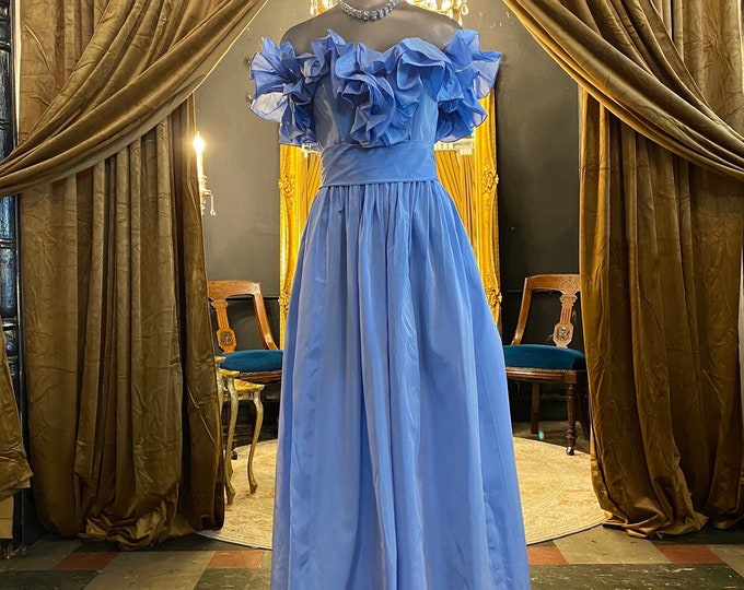 1980s Prom Dress, Powder Blue, Vintage Formal Gown, Sharkskin Taffeta