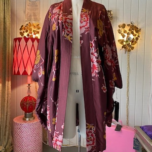 vintage cropped burgundy rose kimono japanese robe floral flapper style jacket