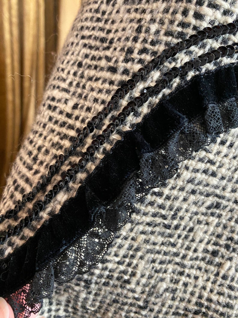 1950s wool skirt, black and gray, swirled ribbon, vintage 50s skirt, mrs maisel style, x-small, 25 waist, slightly full, high waist, sequin image 7