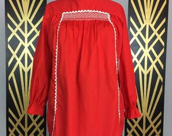 1960s tunic top, red cotton, vintage blouse, ric rac trim, mock neck, button back, mod, retro, maternity top, a-line shirt, tent blouse, 36