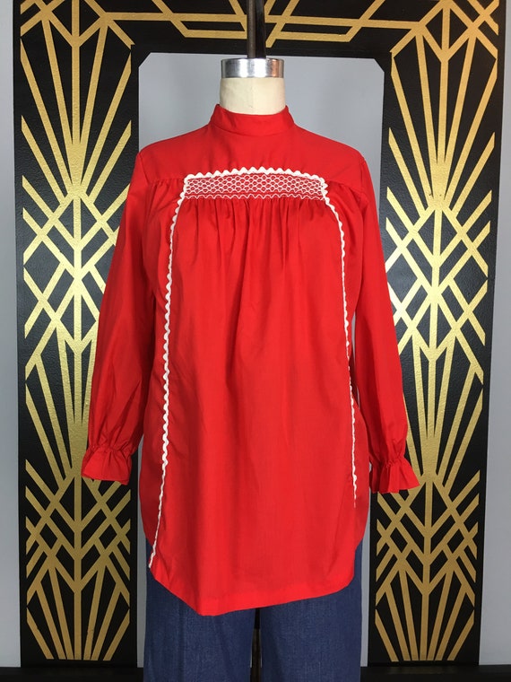 1960s tunic top, red cotton, vintage blouse, ric … - image 1
