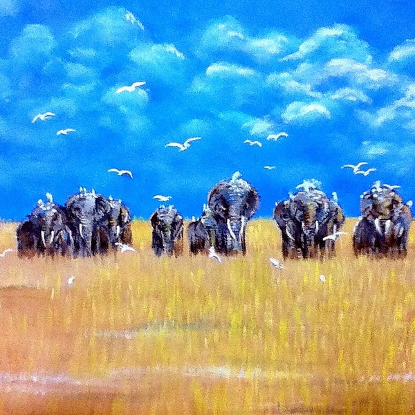 Elephant Sky - Original Acrylic Painting - 16 by 20 inch. - Savanna, Safari, Africa, Minimalist