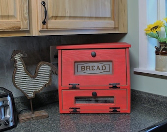 Wood Bread Box Farmhouse Decor Vegetable Bin wooden Frosted Plexiglass Antiqued Rustic Red Storage Primitive Onion Potatoes Country Kitchen