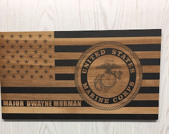 US Marine Corps, USMC wooden flag sign,  American Flag, Laser Engraved Wood Sign, Retirement gift, Personalized Flag, Marines Gift