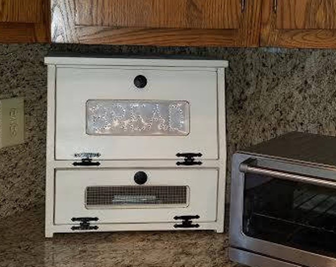Wood Rustic Bread Box Vegetable Bin Wooden Punched Tin Farmhouse