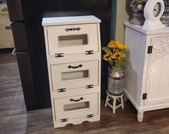 Farmhouse Kitchen Large Vegetable Bin Potato Bread Box Storage Country Bathroom Cupboard Rustic White wooden Shelf Onion Potatoes