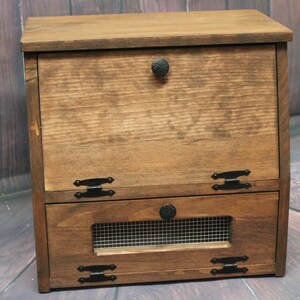 Farmhouse Wooden Bread Box Kitchen Storage Wood Vegetable Potato Bin Bathroom Rustic Cupboard Onion or K Cup holder Counter top image 3