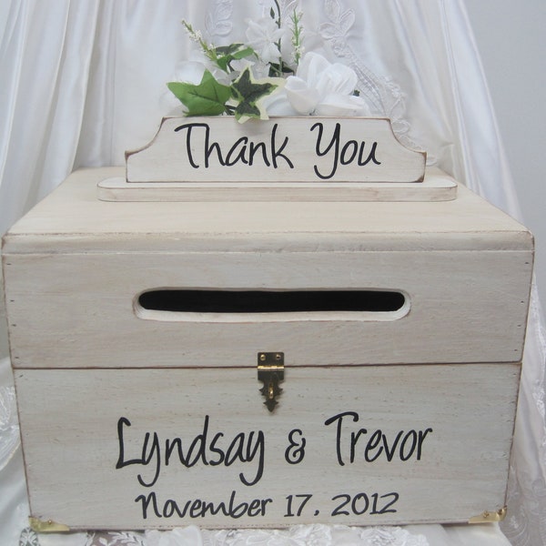 Large Rustic Wedding Card Box Keepsake Chest Handpainted Antique White Personalized Custom Wood