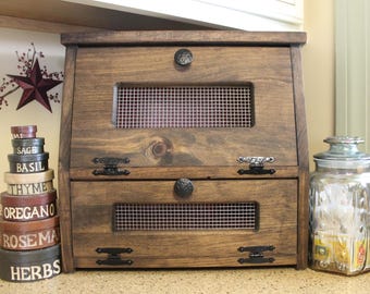 Farmhouse Bread Box Vegetable or Potato Bin Rustic Wood Storage Primitive Wooden Cupboard Onion Potatoes Country Kitchen Counter top