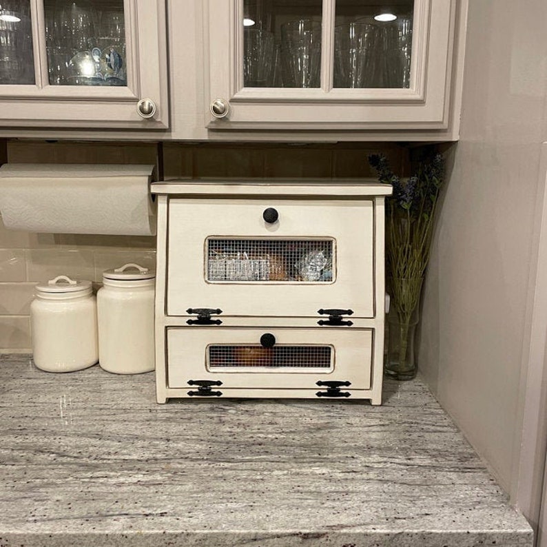 Bread Box Vegetable Bin Rustic Farmhouse wooden Storage Primitive Cupboard Onion Potatoes Country Kitchen handmade wood Gift.
ANTIQUED WHITE