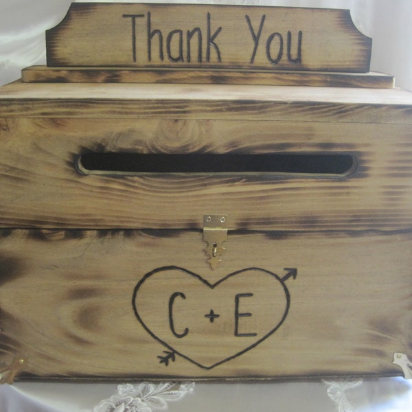 Rustic Wedding Card Box Keepsake Chest Woodburned Stained Personalized Custom Wood