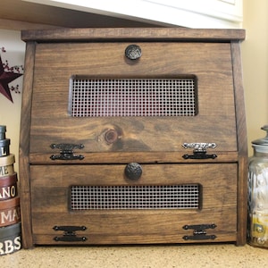 Rustic Farmhouse Bread Box wooden Vegetable Potato Bin Storage Primitive Cupboard Onion Potatoes Country Kitchen Counter top cabinet