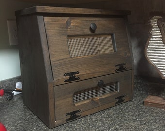 Rustic Bread Box wooden Vegetable Potato Bin Storage Primitive Cupboard Onion Potatoes Country Farmhouse Kitchen Countertop