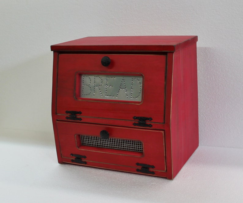 Wood Bread Box Vegetable Bin Wooden Punched Tin Rustic Red Image 0