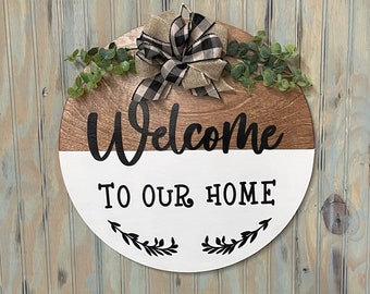 Welcome to our home Sign, Wooden Door hanger, Wreath