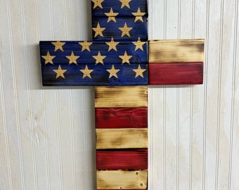 Wooden Flag Cross - Rustic style - American Flag - Wood cross