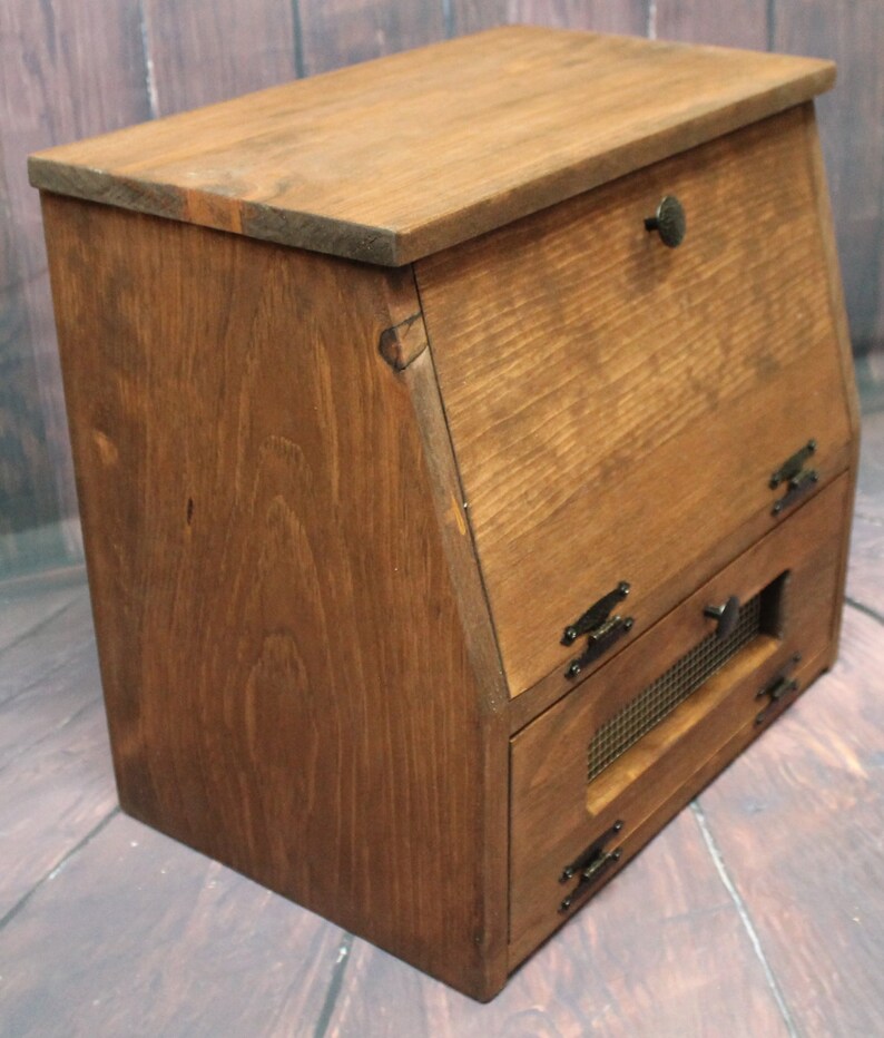 Farmhouse Wooden Bread Box Kitchen Storage Wood Vegetable Potato Bin Bathroom Rustic Cupboard Onion or K Cup holder Counter top Red Oak - pictured