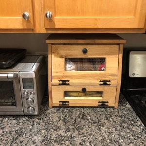 Farmhouse Bread Box Decor Vegetable Bin wooden Storage Primitive Cupboard for Onions and Potatoes Country Kitchen handmade from wood golden oak