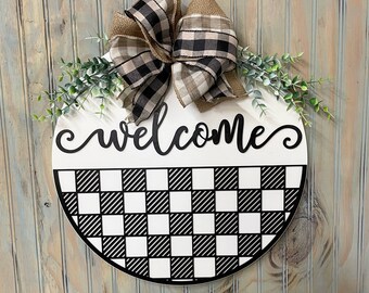 Welcome Sign, Wooden Door hanger, Wreath, Farmhouse Decor, Round sign