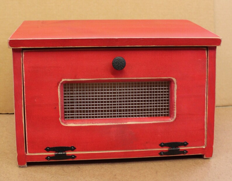 Wooden Bread Box Rustic Antiqued Red Wood Bin Storage Image 0