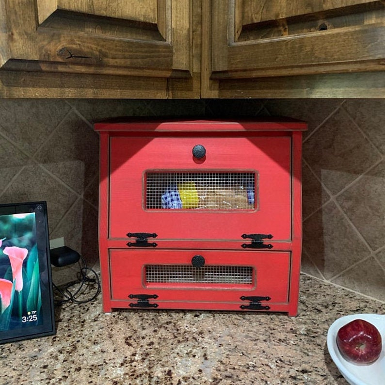 Bread Box Vegetable Bin Rustic Farmhouse wooden Storage Primitive Cupboard Onion Potatoes Country Kitchen handmade wood Gift.
RUSTIC RED