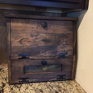 Farmhouse Wooden Bread Box Kitchen Storage Wood Vegetable Potato Bin Bathroom Rustic Cupboard Onion or K Cup holder Counter top Dark Walnut