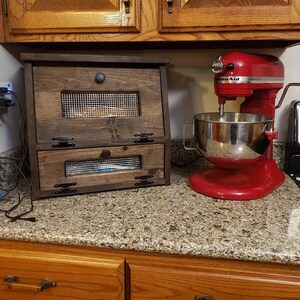 Bread Box Vegetable Bin Rustic Farmhouse wooden Storage Primitive Cupboard Onion Potatoes Country Kitchen handmade wood Gift.
DARK WALNUT STAIN