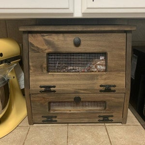 Farmhouse Bread Box Decor Vegetable Bin wooden Storage Primitive Cupboard for Onions and Potatoes Country Kitchen handmade from wood dark walnut