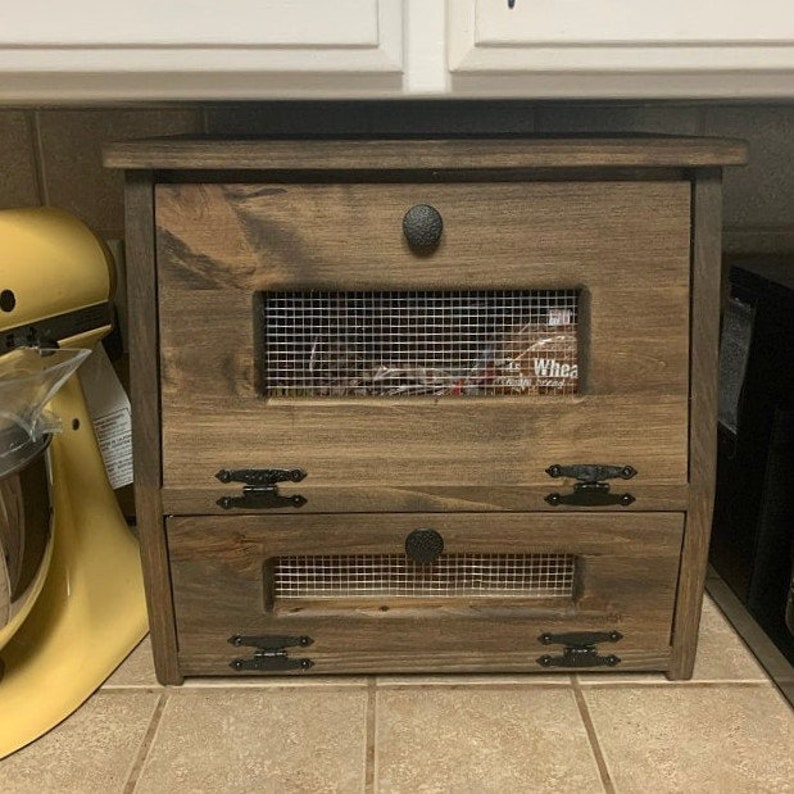 Farmhouse Bread Box Decor Vegetable Bin wooden Storage Primitive Cupboard for Onions and Potatoes Country Kitchen handmade from wood dark walnut