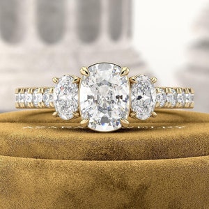2.5 Carat Elongated Cushion Lab Grown Diamond Ring - 4 TCW Fancy Three Stone Engagement - 3 Stone 14k 18k Gold CVD Solitaire IGI Certified