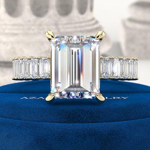 6 Carat Total Lab Grown Emerald Cut Diamond Engagement Ring – Iced Out Solitaire with Baguette Diamonds – Luxury Cathedral – IGI Certified