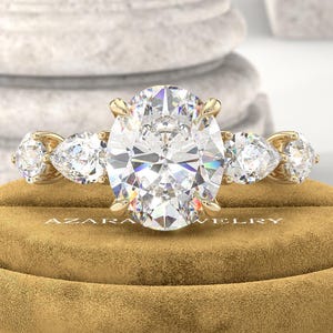 Pierścionek zaręczynowy z 3-karatowym owalnym diamentem hodowanym laboratoryjnie – 4,5 TCW Pear Side Stones – pięciokamienny pierścionek zaręczynowy w kształcie łezki – certyfikat IGI