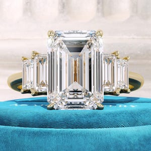 3.8 TCW Emerald Lab Diamond Ring – 3 Carat Emerald Five Stone Engagement Ring – Baguette Side Stones Large Lab Diamond Ring – IGI Certified