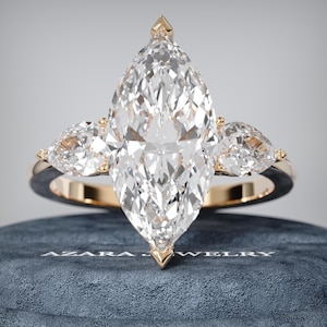 3 Carat Marquise Lab Grown Diamond - 3.7 TCW Engagement Ring - 3 Stone Marquise & Pear Created Diamonds - 14k 18k Gold CVD - IGI Certified