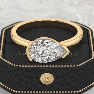 2 Carat Pear Cut Lab Grown Diamond Ring - Fancy East West CVD Diamond - Solitaire Engagement Ring -14k 18k Yellow Gold IGI Certified Diamond