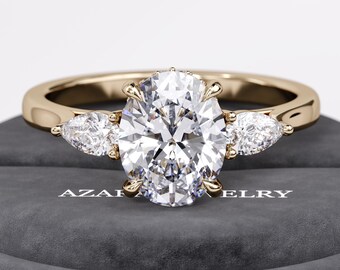 2 Carat Oval Cut Lab Grown Diamond Engagement Ring E VVS2 | Three Stone Band | Oval Trilogy Triad Ring & Floating Diamond | 14K 18K Gold IGI