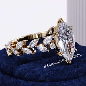 Anillo de compromiso de 2 quilates con diamantes cultivados en laboratorio de talla marquesa / VVS2 E IGI / Banda de oro estilo hoja y ramitas / Anillo nupcial inspirado en la naturaleza