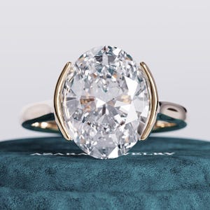 3 Carat Oval Lab Grown Diamond Engagement Ring - Solitaire Vintage Half Bezel Set Diamond Ring - 18k 14k Gold Cathedral Ring - IGI Certified