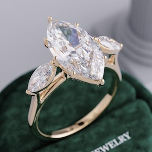 3.5 TCW Marquise Cut Lab Grown Diamond Ring – Three Stone Engagement Ring – 3 Carat Center IGI Certified – 14k 18k Gold CVD Lab Diamond