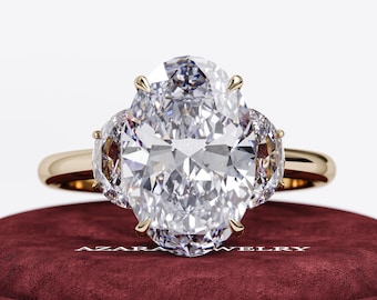 Anillo de compromiso con diamante ovalado cultivado en laboratorio de 5 quilates / Certificado IGI VVS2 E / Diseño de media luna / Anillo de boda de tres piedras con banda de oro