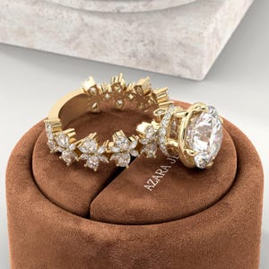 5 Carat Round Brilliant Lab Grown Ring - Unique Fancy Marquise & Pear Pave Setting Engagement Ring - 7 TCW 14k 18k Yellow Gold IGI Certified