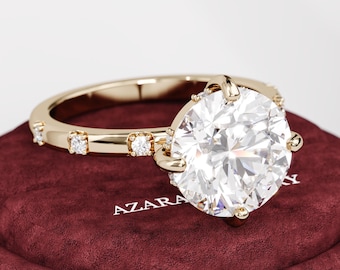 Anello di fidanzamento con diamante taglio rotondo da 4 carati creato in laboratorio / Anello di proposta con fascia decorativa minima / Oro giallo 14K 18K / Certificato IGI