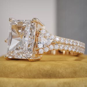 5 Carat Radiant Cut Lab Grown Diamond Ring - Fancy Trilogy Elongated CVD 3 Stone & Pave Diamonds Engagement Ring- 14k 18k Gold IGI Certified