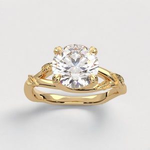 Lab Grown D Color VS2 Diamond Ring - Nature Leaf Round Cut Engagement Ring - 14k Gold Solitaire Minimalist Wedding Ring - IGI Certified