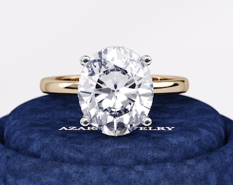 5 karaat ovale lab-gegroeide diamanten verlovingsring E-kleur VVS2 | Verborgen halo | Tweekleurig Solitaire | 14K 18K geelgouden voorstelring | IGI