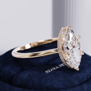 2 Carat Marquise Lab Grown Diamond Engagement Ring – Hidden Halo Solitaire – Two Tone Minimalist 14k 18k Gold – CVD Diamond – IGI Certified